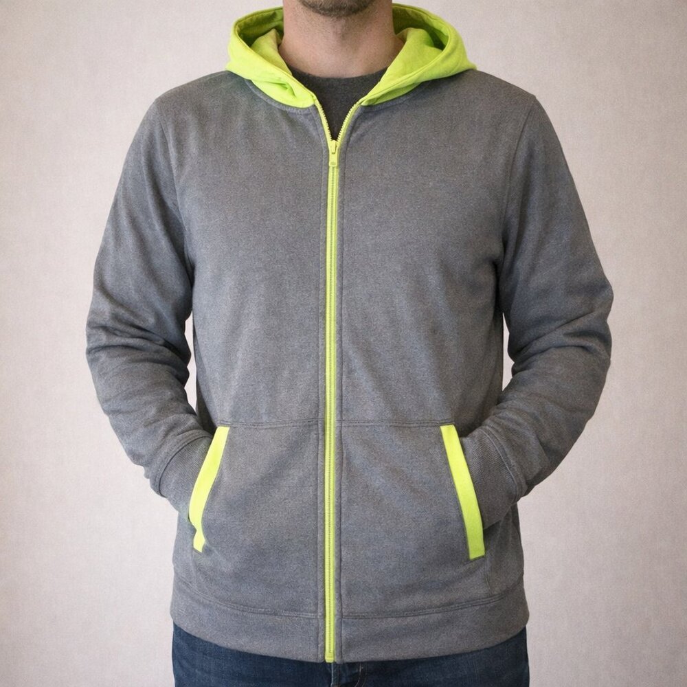 Layer 8 Sweatshirt Hoodie Mens Medium Gray Yellow Full Zip Active Long Sleeve